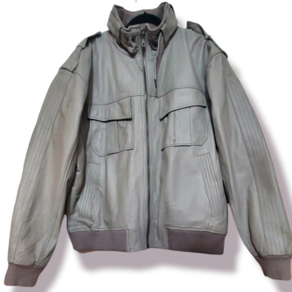NWOT -Grey Leather Bomber Jacket s: 4XL